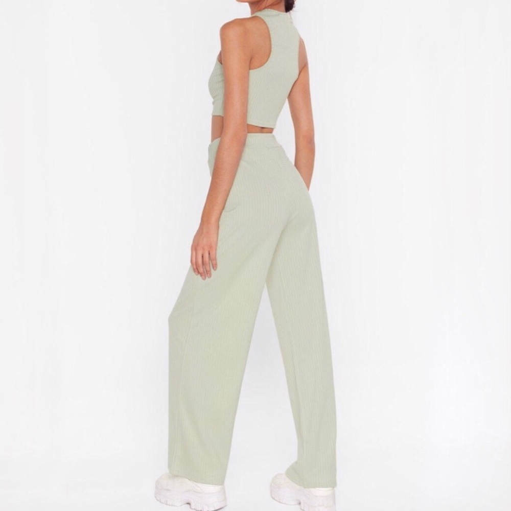 Pistachio Ribbed Racerback and Wide Leg Trouser Matching Lounge Set - Picture 4 of 6